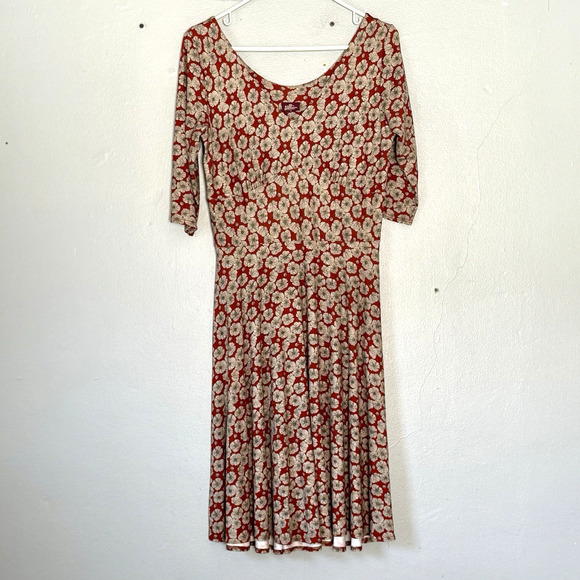 Salaam Midi Dress Medium Burgandy Red Floral Fit and Flare A Line 3/4 Sleeves - Picture 1 of 5
